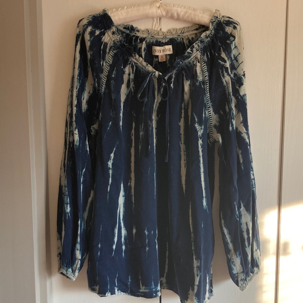 Knox Rose Women's M Blue White Tie Dye Long Sleeve Peasant Blouse Top Boho